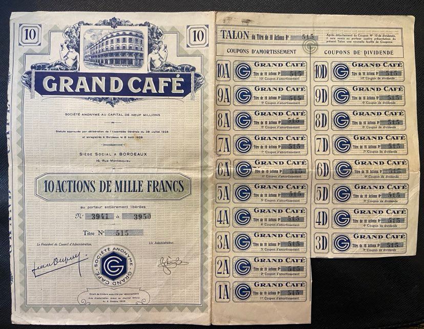 TITRE -(LE) GRAND CAFÉ (de BORDEAUX)- 10 ACTIONS DE MILLE FRANCS