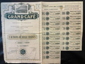 TITRE -(LE) GRAND CAFÉ (de BORDEAUX)- 5 ACTIONS DE MILLE FRANCS