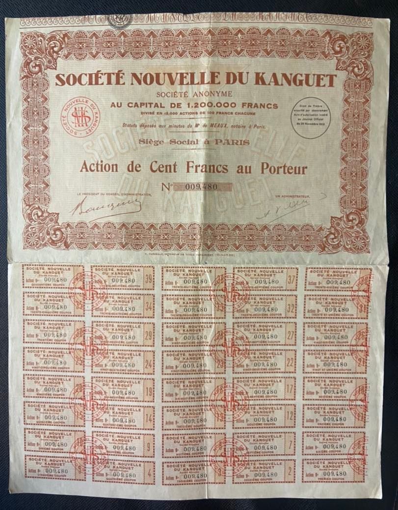 TITRE – SOCIÉTÉ NOUVELLE DU KANGUET – ACTION DE 100 Francs au PORTEUR